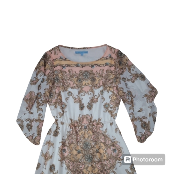 Antonio Melanie Dress Neutral Paisley Print Bell 3/4 Sleeve Elegant Size 0 - Picture 7 of 16